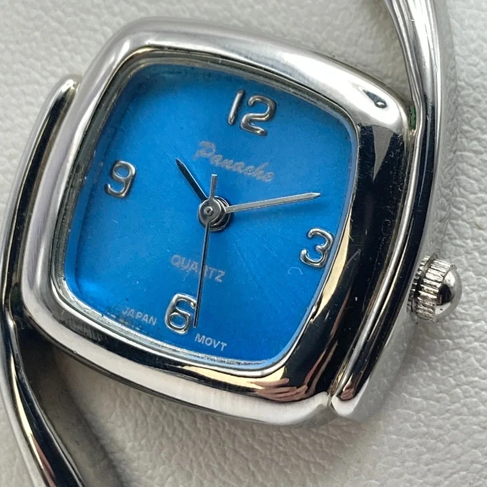 Panache Women's Watch Silver Tone Cuff Asymmetrical Blue New Battery SMALL 6